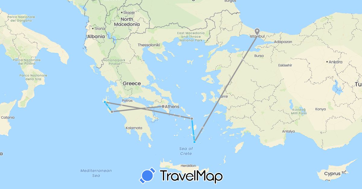 TravelMap itinerary: plane, boat in Greece, Turkey (Asia, Europe)